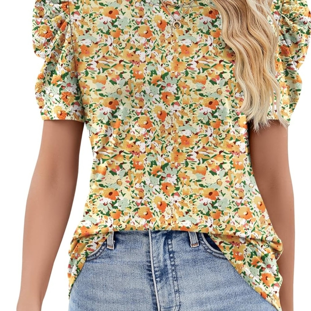 Ivicoer Puff Short Sleeve Shirt for Women Eyelet Tops Summer Crewneck Blouse
